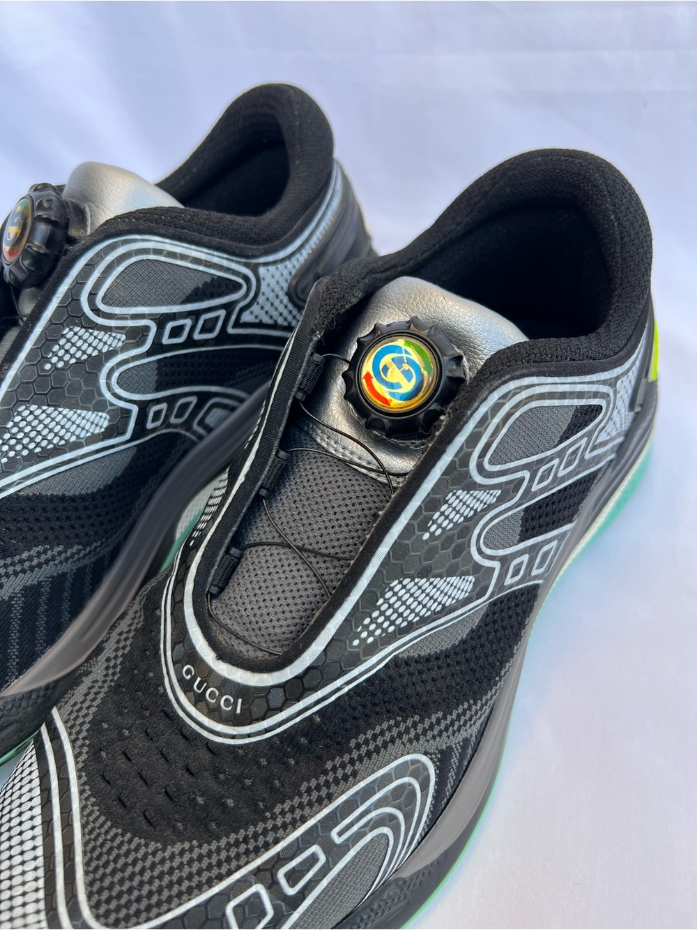 Gucci Women’s Ultra Pace R Sneakers Slip On Black Silver Blue Size 38 - Picture 6 of 15